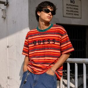 GUESS Jeans Mens Vintage Style Striped Ringer T Shirt Sz XL Red Green Logo Y2K